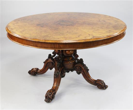 A Victorian burr walnut circular breakfast table, W.4ft 3in.